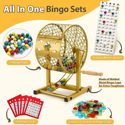 Vista 4 de AugFir Juegos de bingo de 12.6 pulgadas de alto con jaula de acero, juego de bingo profesional para adultos/niños, incluye fichas de colores, 30