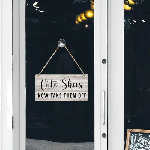 Vista 7 de Placa colgante de madera con diseño de zapatos lindos con texto en inglés "Take Them Off", letrero de bienvenida de madera de granja, letrero