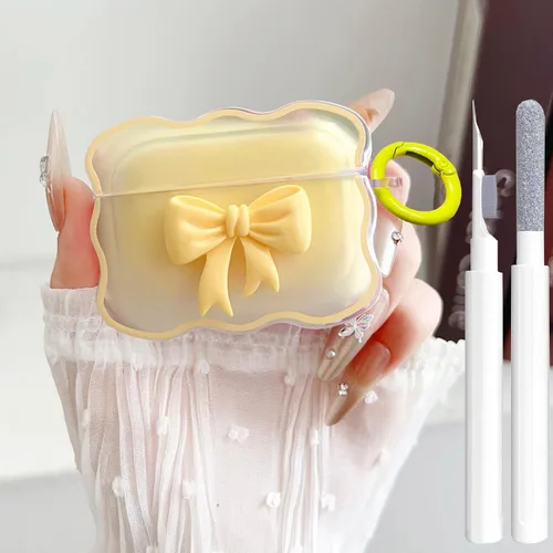 Vista 27 de Bonita funda transparente para AirPods Pro 2/1 Gen, diseño de lazo 3D femenino, funda protectora y a prueba de golpes de TPU suave Kawaii para Apple
