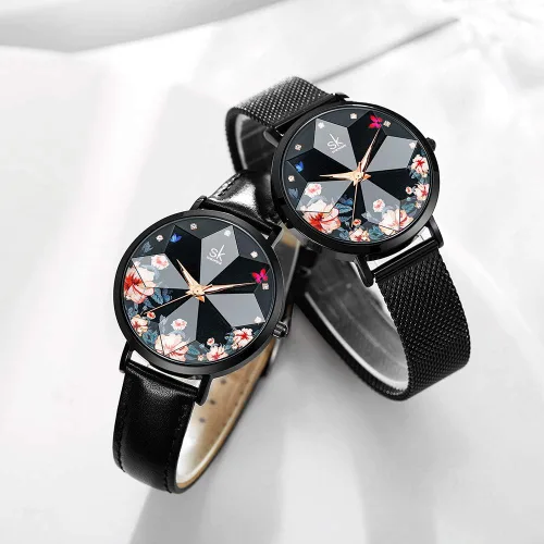Vista 7 de SK Shengke - Reloj ultra delgado de creativo diseño minimalista floral o de cielo estrellado con extensibles de piel genuina o acero