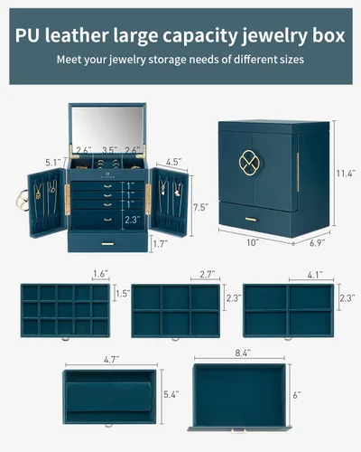 Vista 4 de Vlando Joyero grande, cajas de joyería y organizadores de 6 niveles, estuche de almacenamiento de joyas con espejo con 5 cajones, reloj de piel