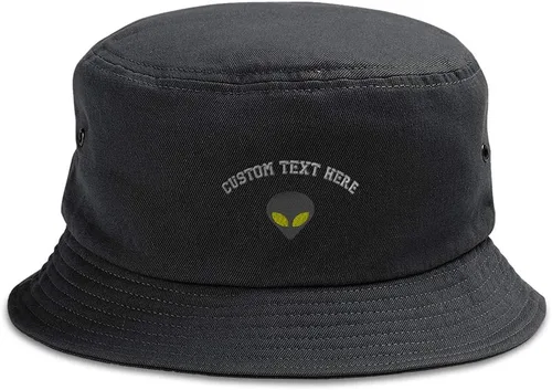 Vista 8 de Custom Bucket Apparel Sombrero Alien Gris Cabeza Ojos Amarillos Bordado para Hombres y Mujeres Solo diseño negro.