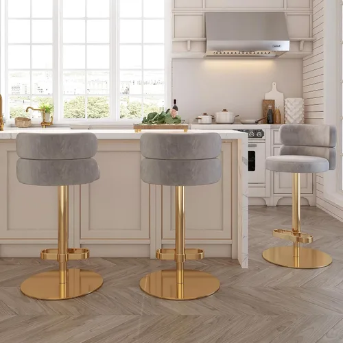 Vista 11 de Taburetes de bar de terciopelo modernos giratorios de altura ajustable para encimera de cocina, taburetes de bar con reposapiés para sala de estar