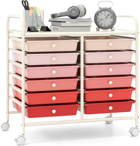 Vista 10 de Giantex Carrito con ruedas de 12 cajones, carrito de almacenamiento móvil con cajones, carrito organizador de aula para suministros escolares