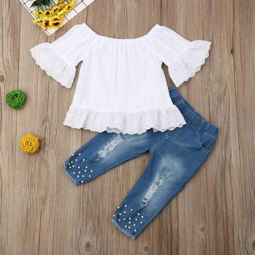Vista 3 de Conjunto de vestir para bebé y niña, con camiseta sin mangas y pantalón corto vaquero desgarrado, conjunto de vestir de falda o pantalón corto