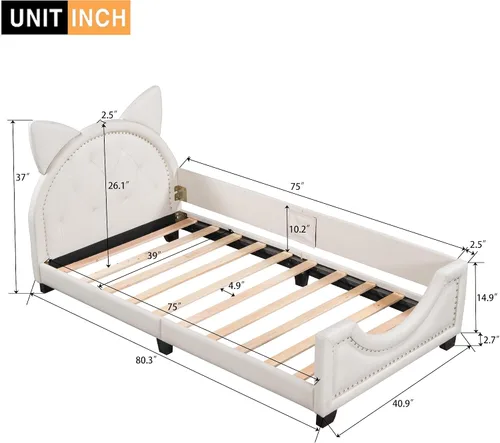 Vista 2 de Sofá cama con cabecero, cámaras en forma de conejo, marco de cama de madera con plataforma individual para niñas y niños, bonito sofá cama tapizado
