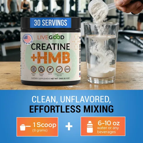 Vista 6 de LIVEGOOD Monohidrato de creatina con HMB para crecimiento muscular magro y recuperación - Polvo de creatina HMB para hombres y mujeres - Creatina