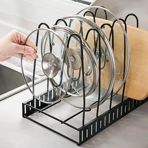Vista 9 de Organizador ajustable para ollas y sartenes para armario de cocina, 8 niveles, organizador de ollas y sartenes, soporte de tapa expandible