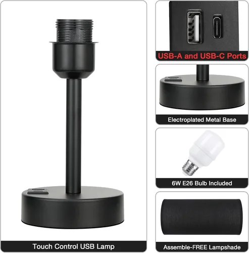 Vista 6 de Lámparas de mesita táctiles negras para niñas - Lámpara de noche pequeña con puertos de carga USB-C y USB, lámpara de mesa de control de 3 vías