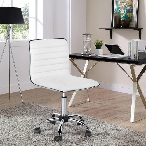 Vista 2 de Yaheetech White Armless Vanity Desk Chair with Wheels, Ribbed PU Leather Blanco