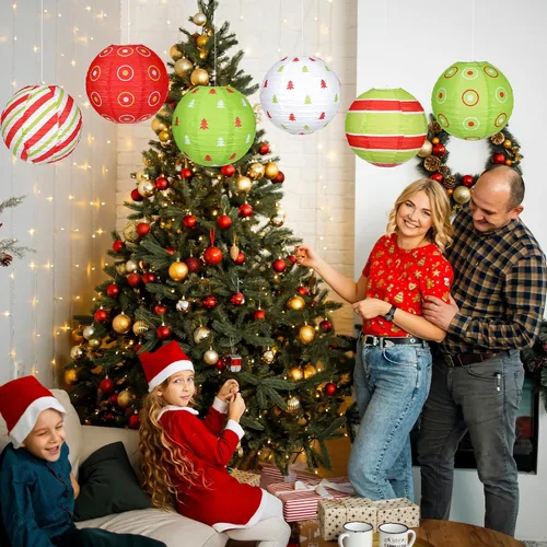 Vista 2 de Bencailor Juego de 12 linternas de papel colgantes de Navidad, linternas decorativas para fiesta de Navidad, lámparas colgantes redondas