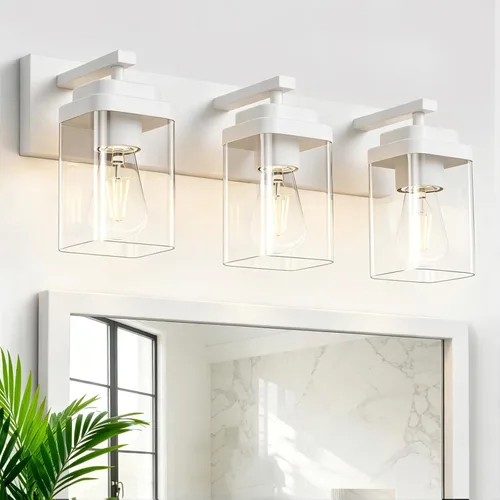 Vista 20 de Lámparas blancas para baño, 2 luces de baño, accesorios de iluminación sobre el espejo, diseño cuadrado y placa trasera grande rectangular