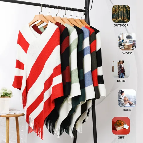 Vista 6 de Ferand - Suéter tipo poncho a rayas para mujer, estilo casual, chal con flecos versátiles