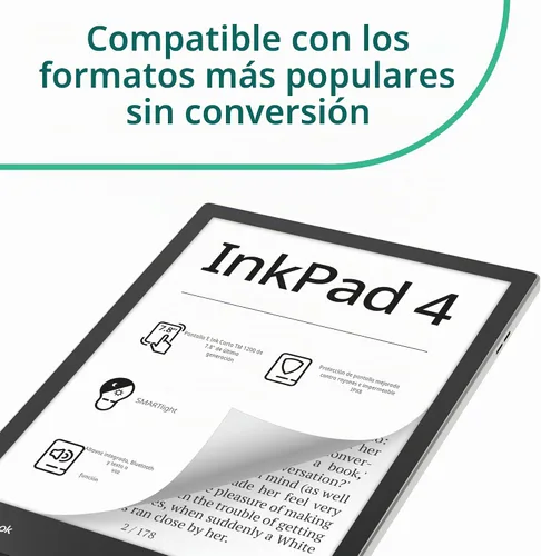 Vista 8 de PocketBook InkPad 4 Lector de audio y libros electrónicos amigable con los ojos Pantalla grande de tinta electrónica de 7.8 pulgadas