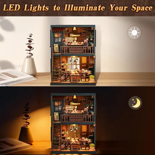 Vista 4 de Kit de casa en miniatura, kit de construcción de restaurante de oso de madera 3D con muebles y LED, juego de modelo de casa de muñecas de diorama