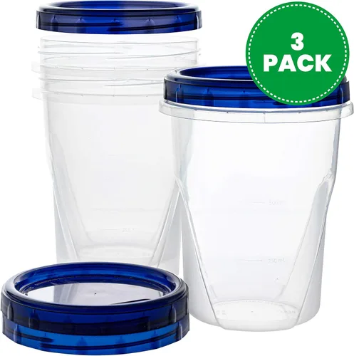 Vista 2 de PLASTICPRO [Paquete de 3 de 32 oz] Contenedores de Delicatessen con Tapa Giratoria Fondo Transparente con Tapas Giratorias Azules Reutilizables