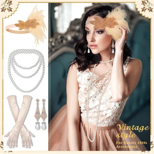 Vista 6 de cridoz Accesorios de flapper para mujer, accesorios de flapper de los años 20, accesorios de Gatsby de los años 20, accesorios para mujer (beige)