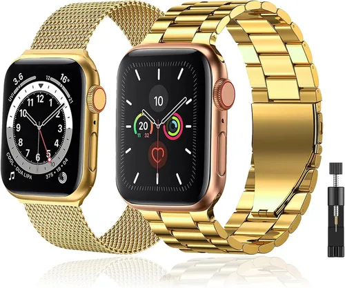 Vista 10 de Paquete de 2 correas de metal compatibles con Apple Watch Band 38/40/41/42/44/45/46/1.929 in, acero inoxidable y malla milanesa para iWatch Band