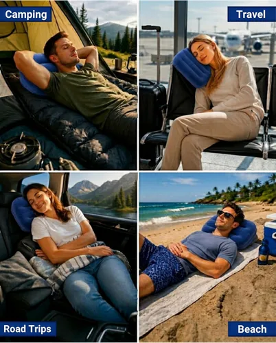 Vista 7 de Almohada inflable para acampar – Almohada de viaje compacta ultraligera, color azul picnic