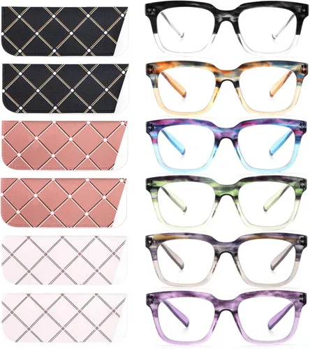 Vista 11 de Paquete de 6 lentes de lectura de moda para mujeres y hombres, bloqueo de luz azul, lectores cuadrados de gran tamaño con bisagra de resorte