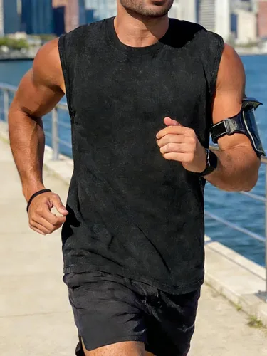 Vista 2 de Camisetas sin mangas para hombre, camisetas sin mangas de algodón de ajuste Negro