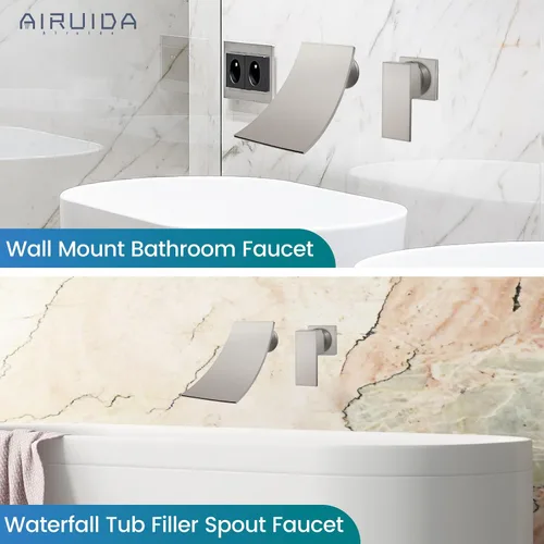 Vista 5 de Airuida Grifo de bañera de montaje en pared, relleno de bañera con boquilla de cascada, grifo mezclador de baño de una sola manija, válvula de latón
