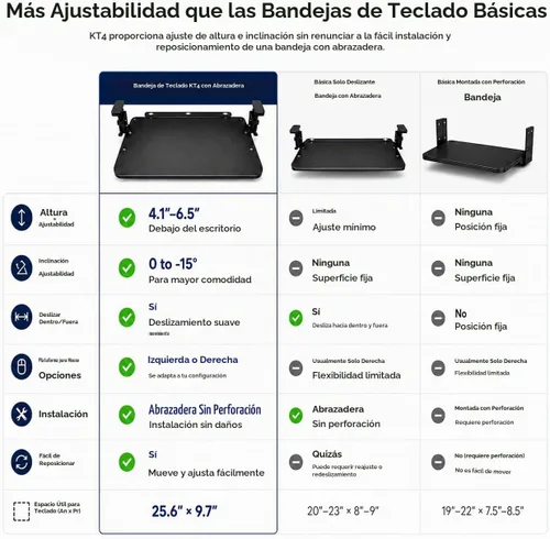 Vista 9 de Bandeja ergonómica para teclado debajo del escritorio con abrazadera deslizante (negro)