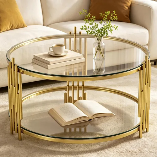 Vista 3 de SSLine Round 2-Tier Glass Coffee Table with Gold Stainless Steel Frame