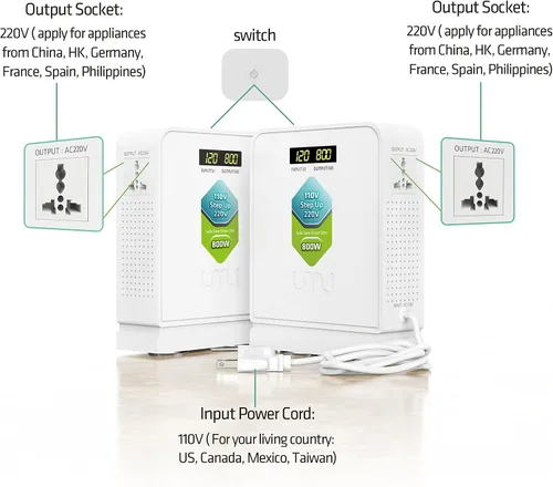 Vista 4 de UMI Step Up 110v a 220v Convertidor de voltaje 800W para Europa y Asia 220-240V Uso de electrodomésticos en EE. UU. Canadá México - Transformador