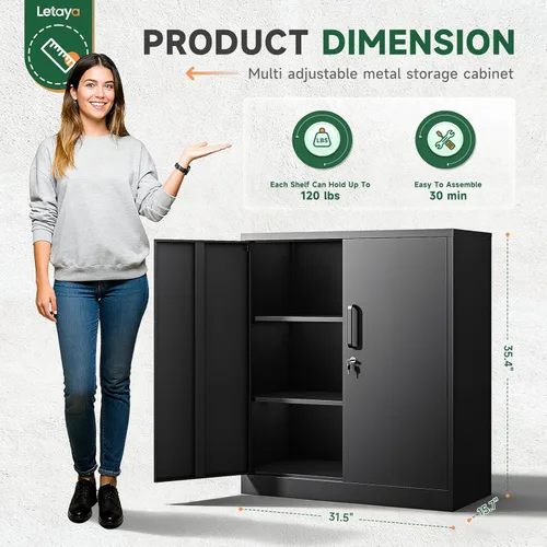 Vista 3 de Letaya Armarios de Almacenamiento de Metal con Cerradura, Pequeños Armarios de Acero con 2 Puertas y Estantes Ajustables para Hogar, Oficina, Negro