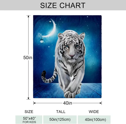 Vista 3 de Manta de Forro Polar de 50"x40", Suave, Acogedora, Cálida, Manta de Franela de Felpa Difusa, Tigre Blanco Siberiano Bajo la Noche Estrellada Azul