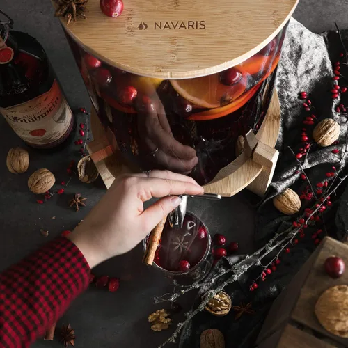 Vista 5 de Navaris - Dispensador de bebidas con soporte - 1.3 galones (5L) Dispensador de bebidas de vidrio con válvula, tapa, soporte de madera para bebidas
