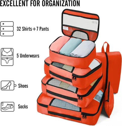 Vista 5 de Veken Juego de 8 cubos de embalaje para artículos esenciales de viaje, bolsas organizadoras de maleta en 4 tamaños, accesorios de equipaje de mano