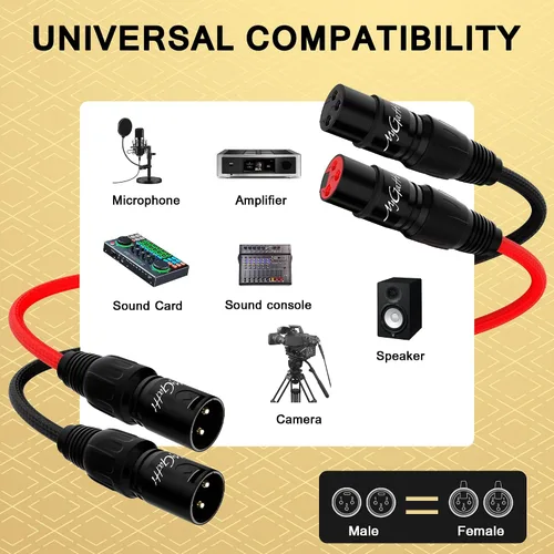 Vista 6 de Cables XLR Snake de 2 canales de 4 pies, cable de micrófono XLR de 2 colores macho a hembra con código de color, para grabación, estudios, en vivo