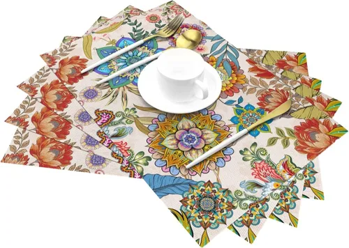 Vista 3 de Juego de 4 manteles individuales florales bohemios de lino de 12 x 18 pulgadas, manteles individuales de flores coloridas para cocina, mesa
