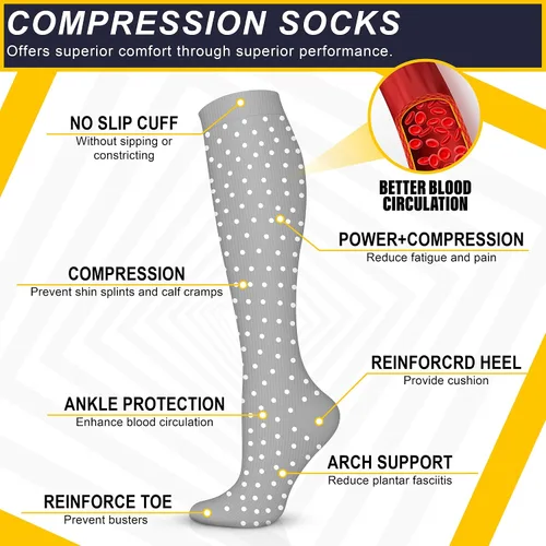 Vista 4 de Calcetines de compresión para mujeres y hombres (6 pares) 15-20 mmHg son para atletismo, correr, montar, viajar, enfermería médica, mejor apoyo
