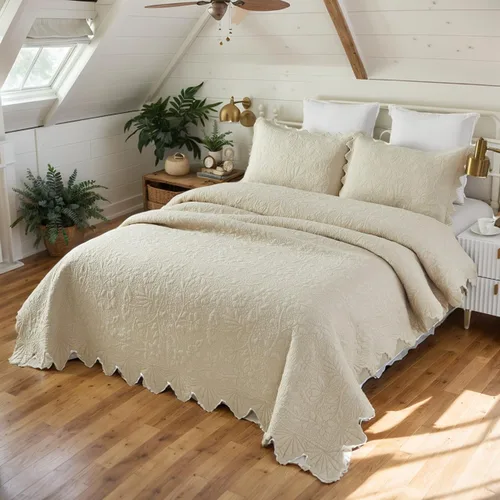 Vista 4 de Brandream - Juego de edredones beige, tamaño Queen y King, juego de ropa de cama de estilo rústico, algodón, colcha acolchada con borde festoneado