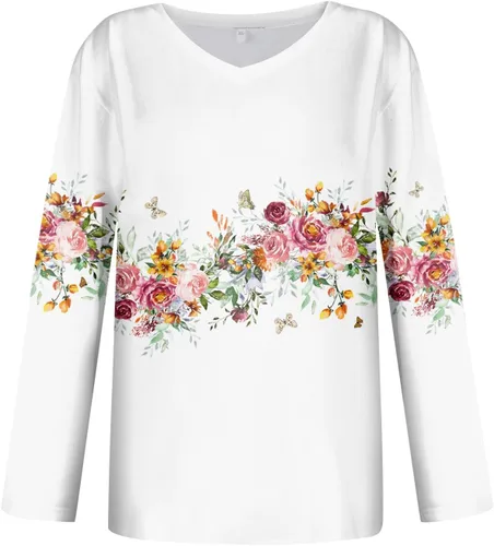 Vista 4 de Womens Long Sleeve Tops Fall Winter Fashion Print Daily Basic T Shirt Tee Casual V Neck Tops
