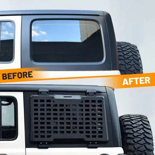 Vista 2 de FURYENGRAVER Kit de panel lateral MOLLE para ventana trasera con almacenamiento, decoración protectora para la ventana trasera para Jeep Wrangler