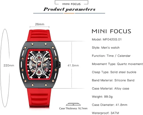 Vista 6 de MF MINI FOCUS Watch Wristwatch Fashion Hollow Big Dial Luminous Waterproof Sport Analog Quartz Business Mens Watches Silicon Strap Dress Watch