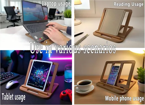 Vista 6 de Soporte de madera para computadora portátil para escritorio y madera, estilo portátil, plegable y ajustable ergonómico, soporte para libros