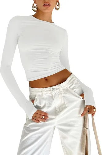Vista 14 de Blusa corta básica casual para mujer, ajustada, manga larga, cuello redondo, color sólido, para otoño, camiseta ajustada Albaricoque