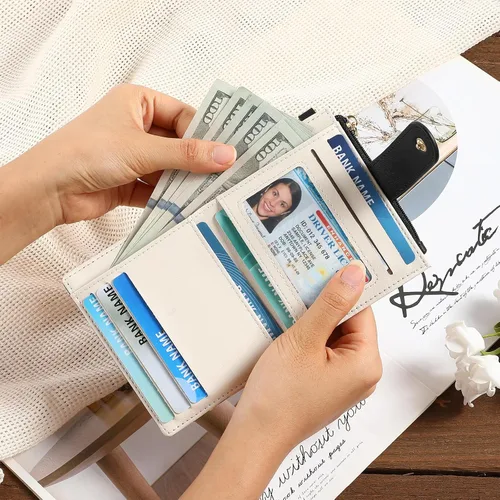 Vista 2 de GAEKEAO - Billetera pequeña para mujer con bloqueo RFID, delgada, de dos pliegues, de cuero floral, tarjetero con bolsillo con cremallera y ventana