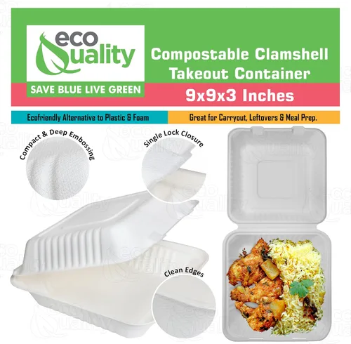 Vista 4 de Contenedor de comida cuadrado compostable con bisagras para llevar, 9 x 9 x 3 pulgadas, contenedores desechables de calidad resistente, con un solo