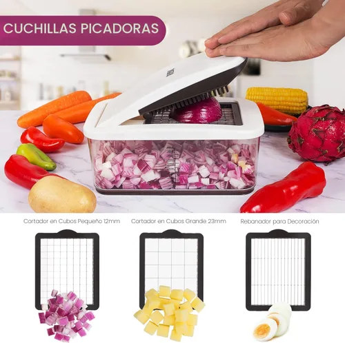 Vista 3 de RüK Picador de verduras, picador cortador de verduras extra grande, picador de alimentos profesional multifuncional 10 en 1, 6 cuchillas, 4