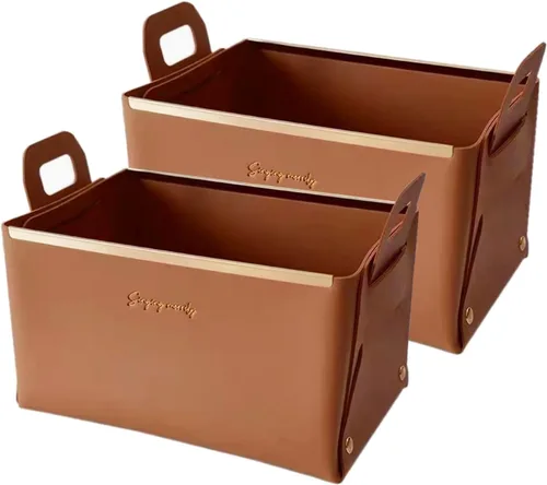 Vista 12 de Cesta decorativa de piel sintética, cesta pequeña para entrada, mesita de noche, cómoda, caja organizadora rectangular plegable (marrón)