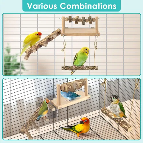 Vista 8 de DBNESS 4 perchas para pájaros con columpio, escalera de loro con bloques para masticar, jaula de pájaros, accesorios de gimnasio para conure