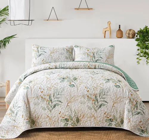 Vista 22 de Anibedding Juego de edredón botánico tamaño Full, 3 piezas reversible, elegante patrón de hojas azules, cubrecama colcha de microfibra suave