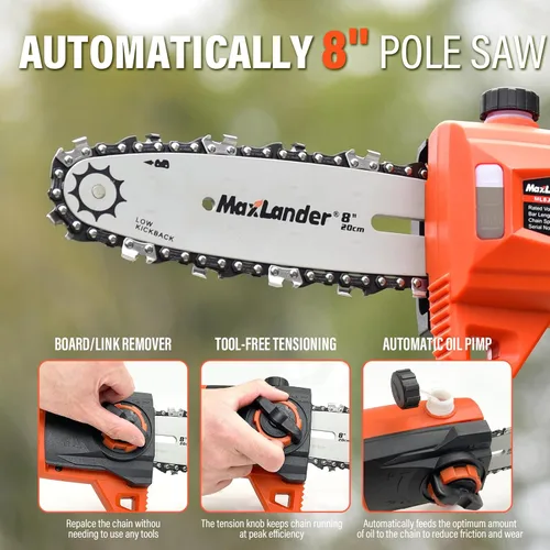 Vista 6 de Sierra de poste inalámbrica de 8 pulgadas 20V con batería y cargador 2×3.0Ah 15-Foot Max Adjustable Reach, 16ft/S Cutting Speed, Auto Oiling