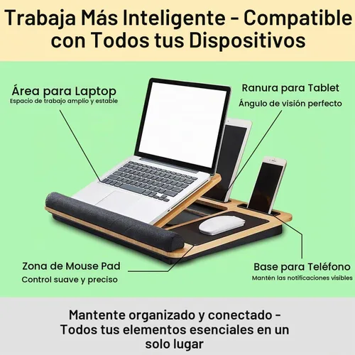 Vista 5 de Soporte plegable de madera para laptop para escritorio – Lapdesk ajustable y portátil con almohadilla – Elevador de laptop ergonómico de madera